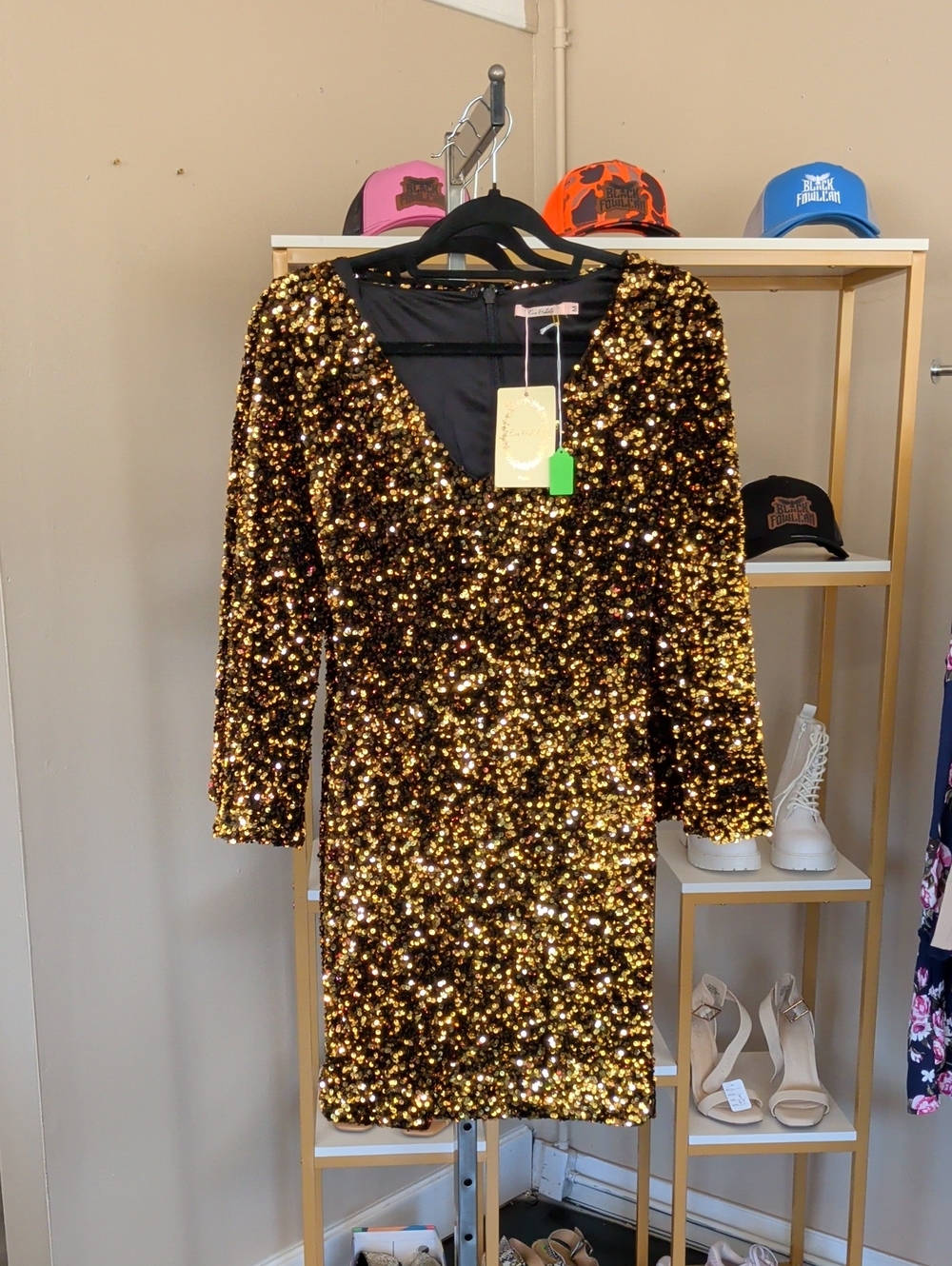 Gold Sequin V-Neck Party Dress